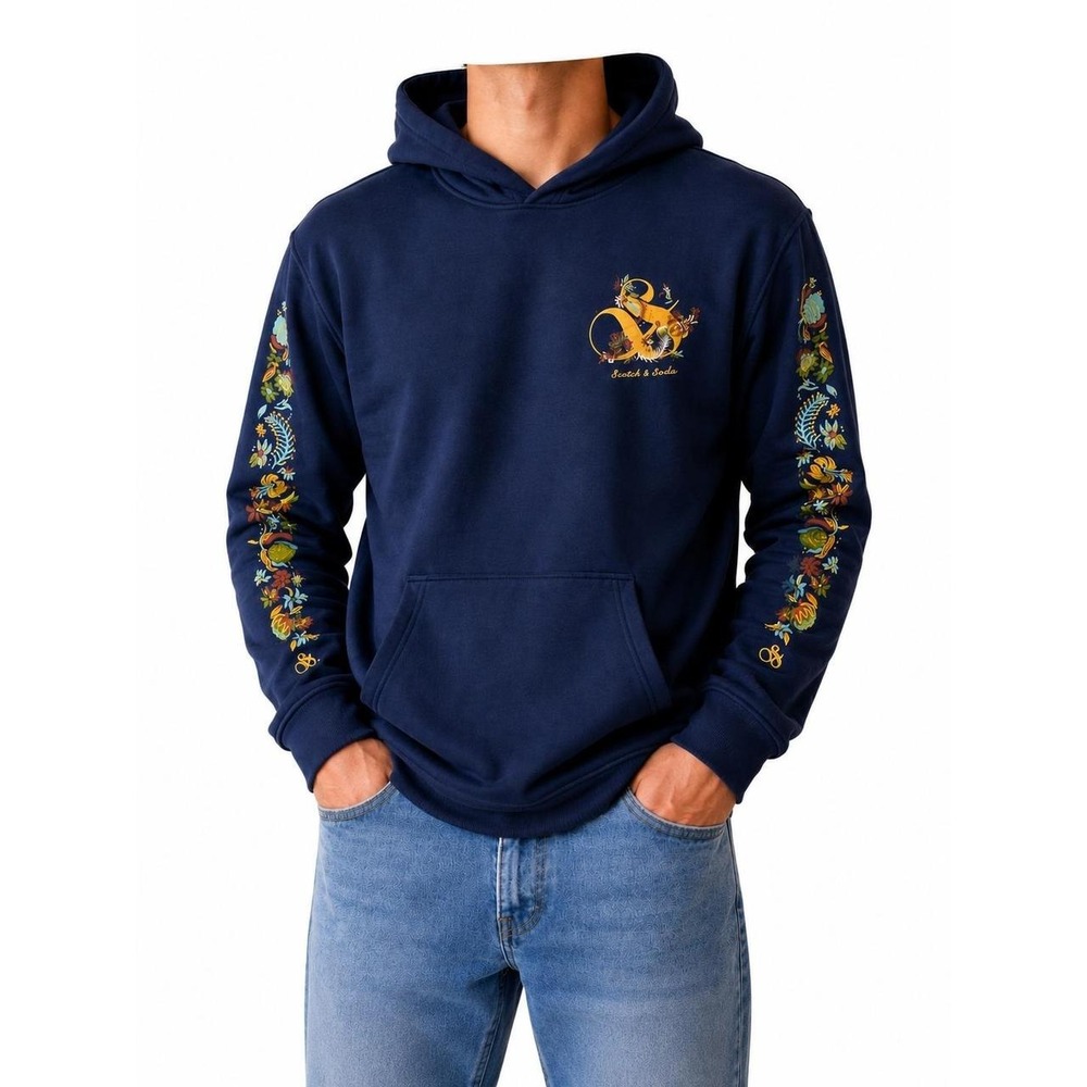 Scotch & Soda Hoodie Mens XL Navy Blue Floral Embroidered Pullover